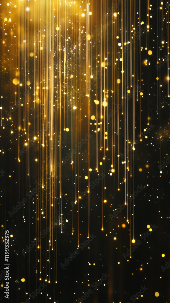Poster golden glowing particles falling like rain on a black background, creating a magical and festive atm