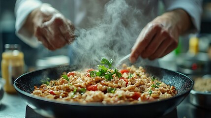 Detailed view of a chef’s hands crafting a stunning gourmet dish, capturing the passion and finesse of fine dining in a top-tier restaurant setting.