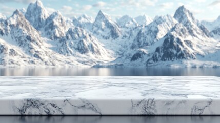Marble tabletop product display stand with blurred mountains in the background. Product display mockup.