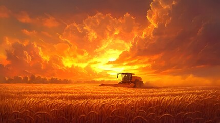 Fototapeta premium Golden Harvest Sunset Over Wheat Field With Combine Harvester