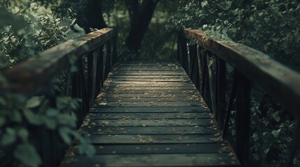 Obraz premium Enigmatic Wooden Bridge in a Lush Green Forest
