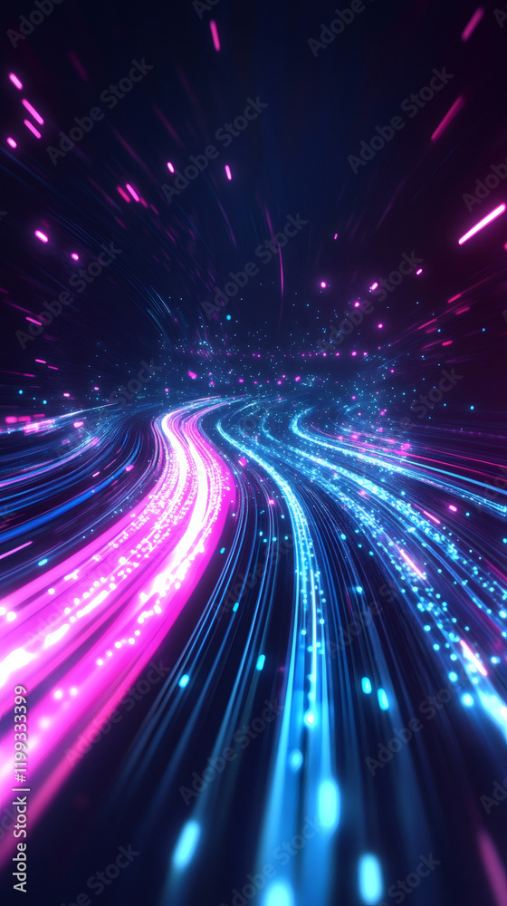 Poster Big data streams flowing along optical fiber cables, creating a futuristic technology background with binary code