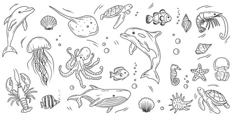 Sea animals sticker set. Whale dolphin, sea shell, swimming turtle, fish, shrimp and lobster, stingray, jellyfish. Underwater life. Hand drawn vector sketch illustration in engraved vintage line art