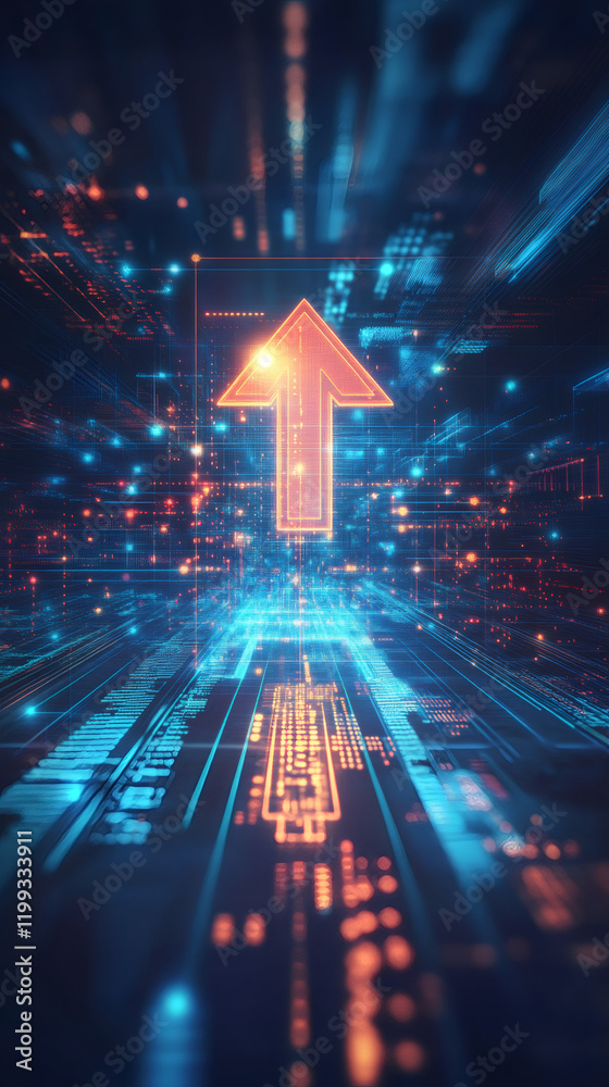 Fototapete Orange arrow pointing up on blue digital background symbolizes uploading data to cloud server, increasing performance and improving business