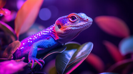 A pet lizard basking under a strong UV light showcasing its colors
