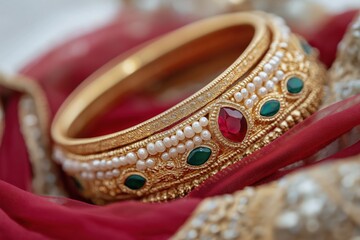 A gold and green bracelet with a red stone on it is displayed on a red cloth. The bracelet is adorned with pearls and has a unique design that makes it stand out