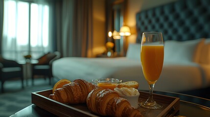 Obraz premium Elegant breakfast setting with fresh croissants and juice in a hotel room. Generative AI