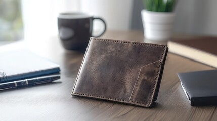 A bi-fold wallet lying on a desk next to a pen, notebook, and coffee mug