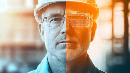 A split image of a man in a hard hat, showcasing a blend of traditional and modern construction themes.