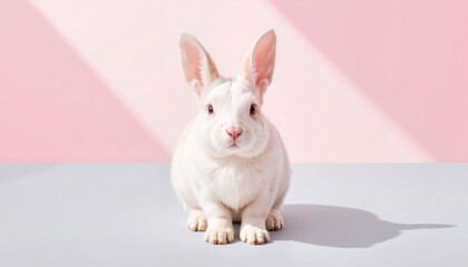 Obraz premium Adorable White Bunny on Minimalist Pink Background – Perfect for Easter or Spring Branding