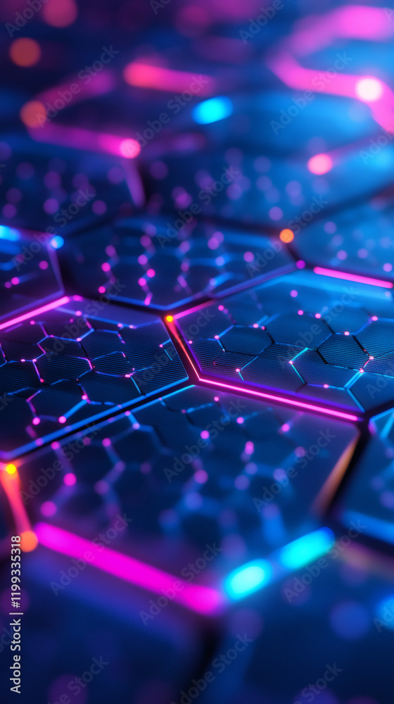 Leinwandbilder Glowing neon lights highlighting a futuristic hexagonal grid creating a technological background, perfect for websites, presentations, and digital art projects
