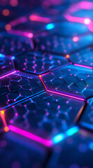 Obraz premium Glowing neon lights highlighting a futuristic hexagonal grid creating a technological background, perfect for websites, presentations, and digital art projects