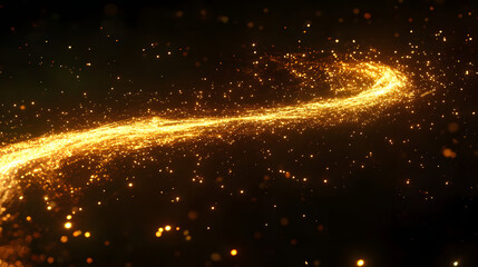Obraz premium Golden sparkling particles swirl in a glowing curved trail. Ideal for concepts related to magic, fantasy, celebration, and energy.