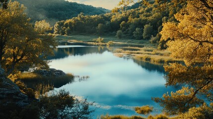 Fototapeta premium Serene Lakeside Escape: Tranquil Reflections in a Picturesque Forest