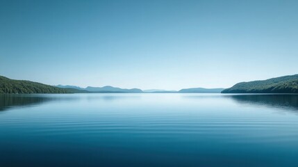 Serene Lake Landscape: Tranquil Waters Reflecting Mountains Under a Clear Blue Sky