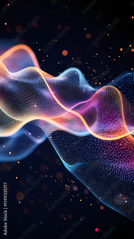 Leinwandbilder digital wave of luminous particles streaming across dark backdrop, generating vibrant bokeh glow wit