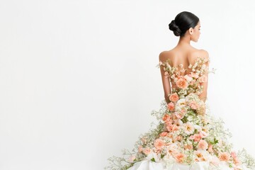 Fototapeta premium A woman is wearing a dress with flowers on it. The dress is very long and has a lot of flowers on it. The woman is standing in front of a white background