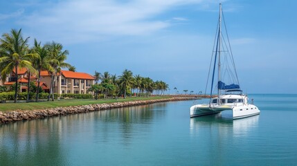 A catamaran moored at a tropical marina with palm trees swaying in the breeze