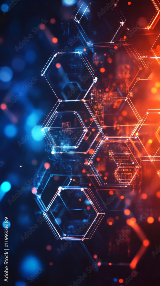 Aufkleber Glowing interconnected hexagonal network in vibrant blue and orange, representing cutting-edge digital technology and complex connectivity