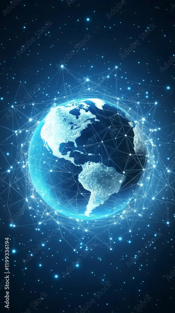 Poster planet earth rotating in space with network and nodes, showing internet network and communication te