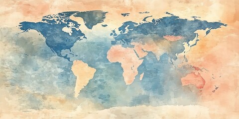 Fototapeta premium An artistic watercolor world map with soft pastel tones and subtle geographic textures, blending elegance with modern cartography