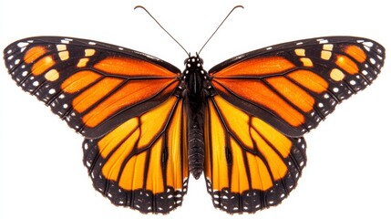 Fototapeta premium A monarch butterfly fluttering gracefully, its wings detailed vividly, isolated on white,