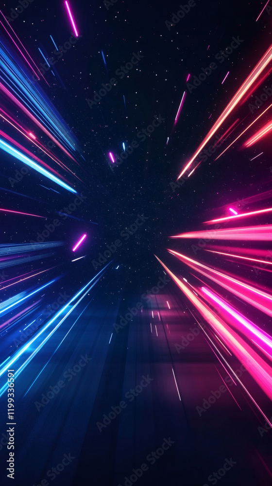 Poster colorful neon light trails creating a sense of speed and movement through a starry night sky
