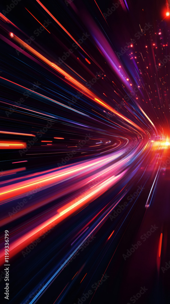 Poster colorful light trails creating a curved path through space, evoking speed, energy, and futuristic tr