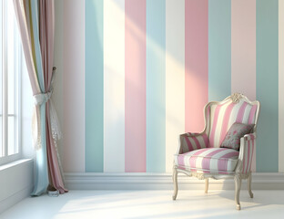 Colorful striped wallpaper adorns the wall, with an armchair in the room