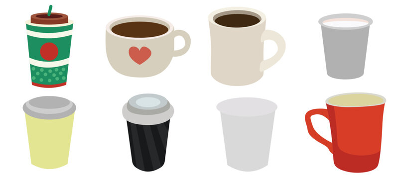 Coffee cup and mug collection in flat style. Hot drink coffee mug.