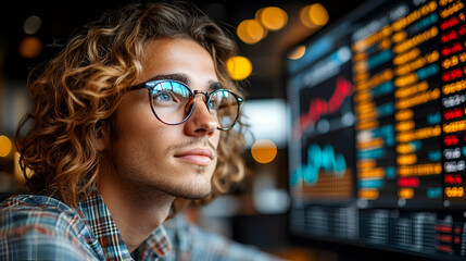 Young man carefully analyzing stock market data on a large screen, focused on financial charts and graphs, demonstrating concentration and thoughtful