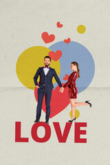 Vertical photo collage of two happy glamour girl guy wear stylish dress suit affection date...
