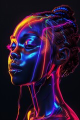 Fototapeta premium A vibrant portrait featuring a woman with colorful light effects, showcasing creativity and beauty.