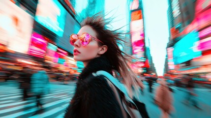 Obraz premium woman in a big city, abstract photography painting, backdrop of a metropolis, movement, blurry light and bright colors. urban modern portrait