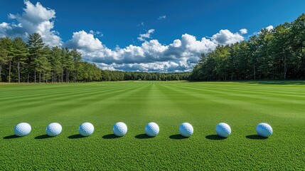 A driving range with rows of golf balls lined up neatly on artificial turf mats under a bright sky