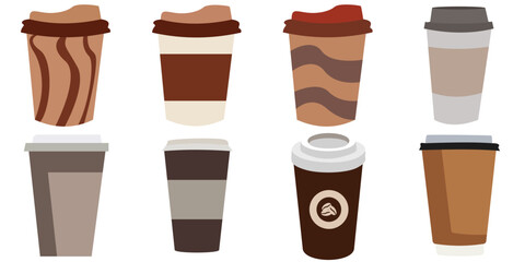 set of cardboard paper cups. Hot coffee and tea takeaway paper cup with lids. Disposable craft brown, white paper coffee and tea cup.