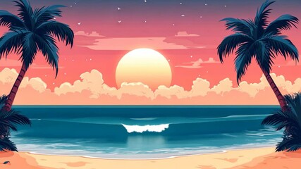 Sunset over the ocean with palm trees creating a tranquil beach atmosphere in a tropical setting