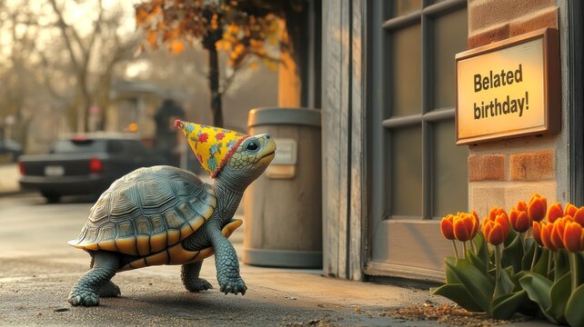 Funny turtle in birthday hat with belated birthday sign. Late birthday greeting