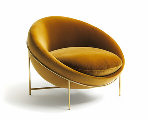 Conception armchair in mustard yellow velvet fabric with brass legs, isolated on a white background,