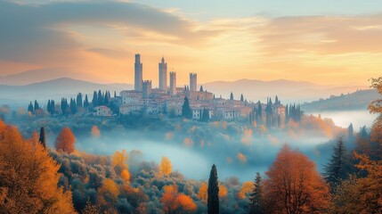 Naklejka premium Serene autumn landscape featuring a medieval town on a hill, surrounded by colorful foliage and mist