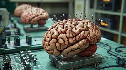 A surreal depiction of brains on circuit boards, blending biology and technology.