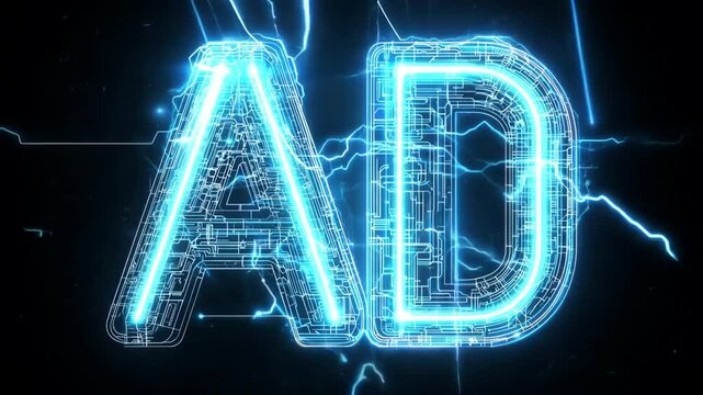 Glowing Neon Text with Electric Circuit Design and Lightning Effects on Dark Background