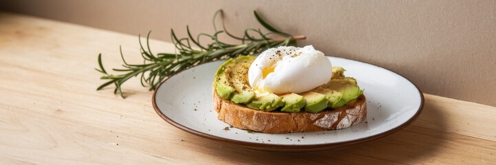 Avocado Toast Topped With Poached Egg And Rosemary