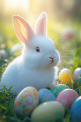 Cute white rabbit with colorful Easter eggs sitting on green grass