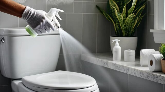 Demonstration of cleaning techniques for maintaining a spotless bathroom with products and tools in a stylish space