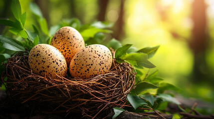 Fototapeta premium Eggs in a Nest with Leaves on the Ground Featuring Ornate Easter Eggs, Translucent Details, and Very Detailed Birds for a Natural Spring Scene. Generative AI