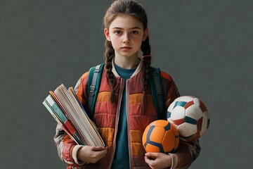 A charming portrait of a young schoolgirl with an artistic flair, carrying art supplies and sketchbooks. Isolated on a transparent background, the image captures her creative spirit 