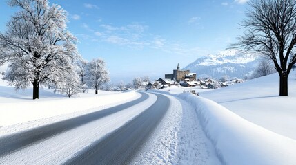 Snowy Village Road in Winter