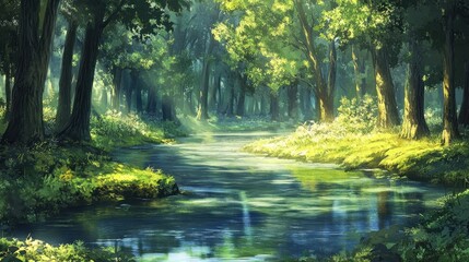 Obraz premium Enchanted Forest Stream: A Digital Painting of Serene Nature