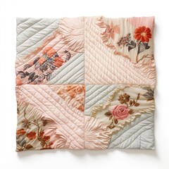 Pink  Gray Floral Patchwork Quilt Square Ruffled Fabric Vintage Style